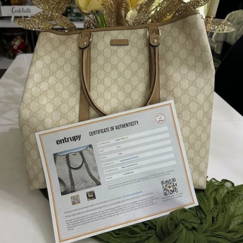 Gucci GG Canvas Beige Leather Trim Large Tote Bag Authentic - Picture 3 of 12